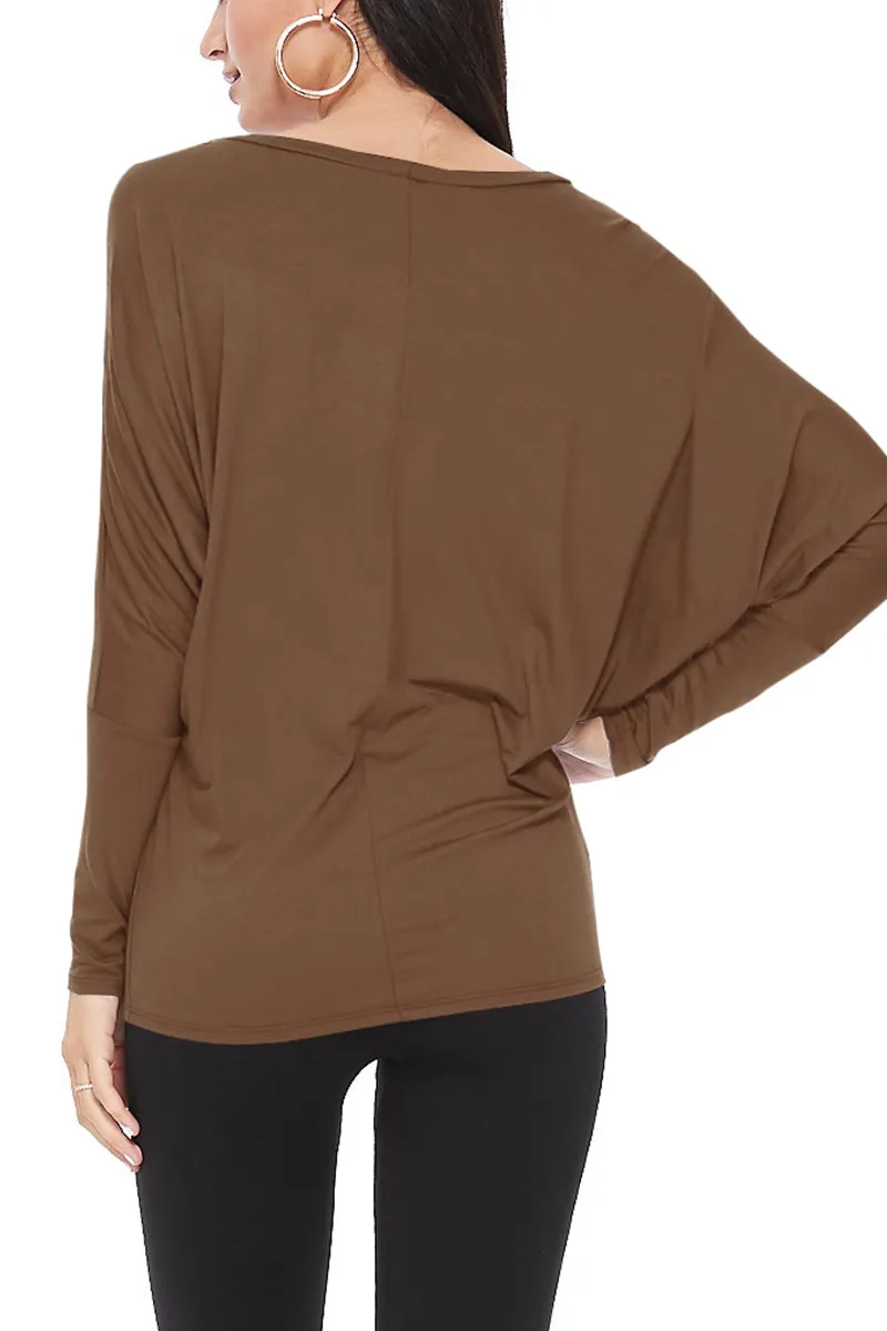 Women's Solid Long Sleeve Jersey Dolman Style Boat Neck Casual Tee Top S-3XL