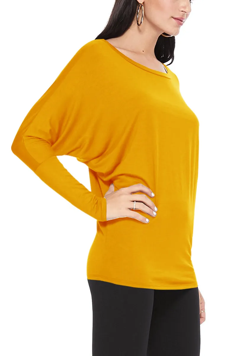 Women's Solid Long Sleeve Jersey Dolman Style Boat Neck Casual Tee Top S-3XL