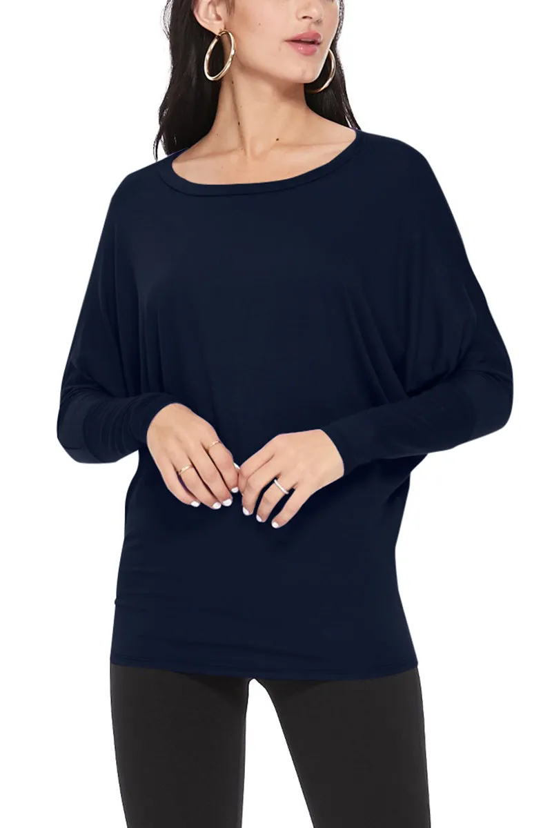 Women's Solid Long Sleeve Jersey Dolman Style Boat Neck Casual Tee Top S-3XL