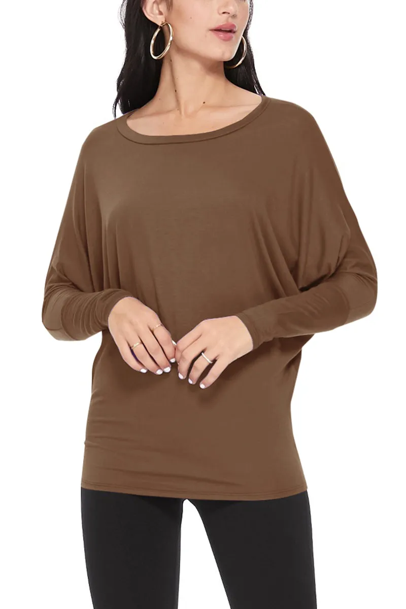Women's Solid Long Sleeve Jersey Dolman Style Boat Neck Casual Tee Top S-3XL