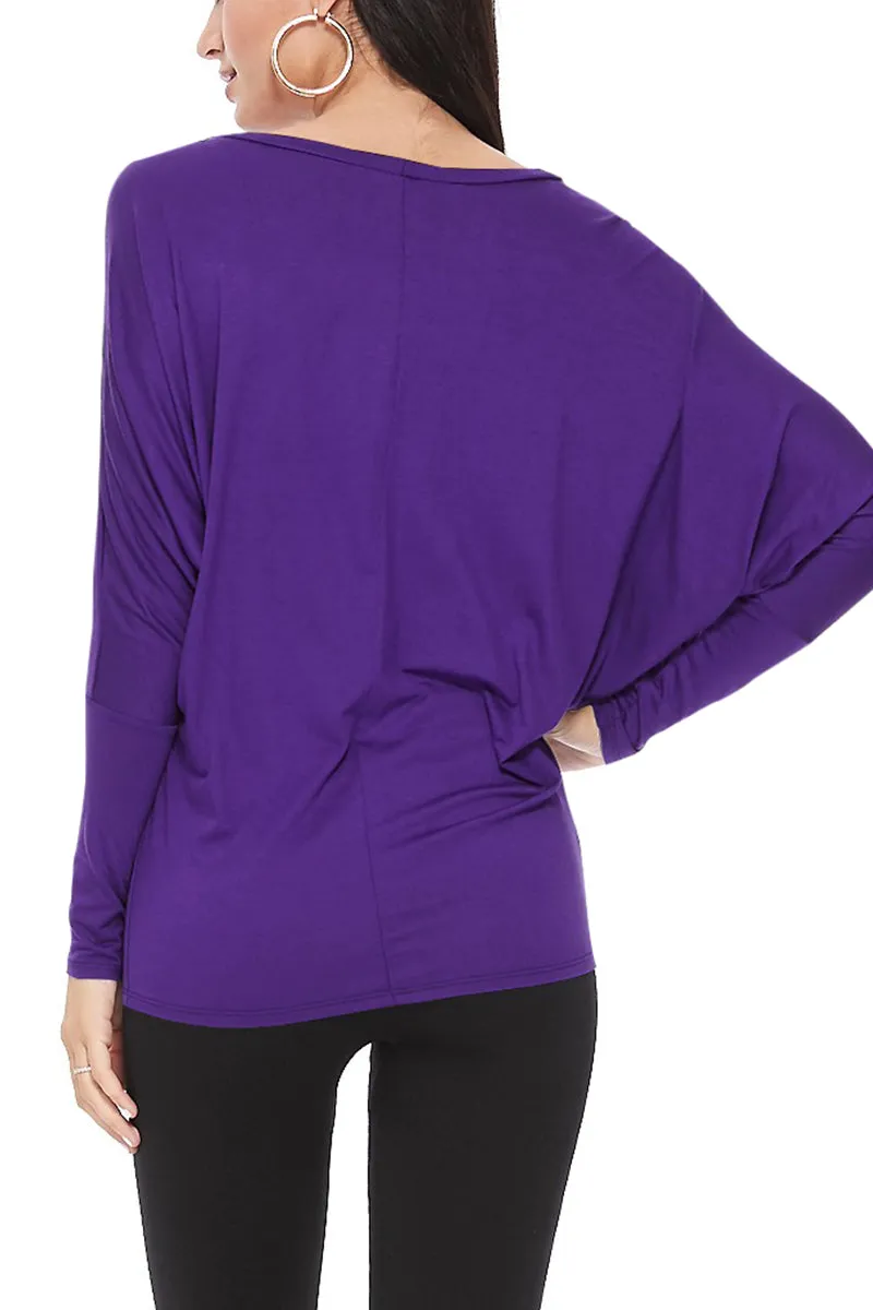 Women's Solid Long Sleeve Jersey Dolman Style Boat Neck Casual Tee Top S-3XL