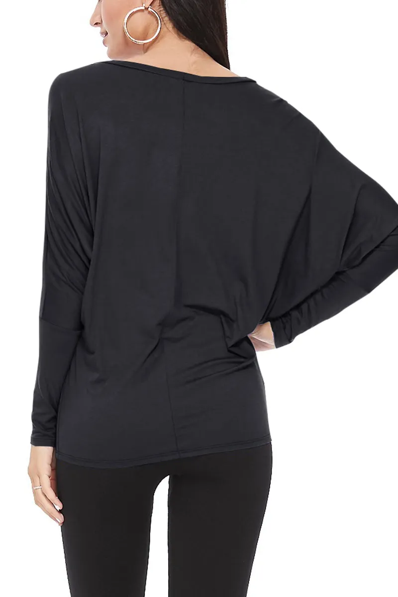 Women's Solid Long Sleeve Jersey Dolman Style Boat Neck Casual Tee Top S-3XL