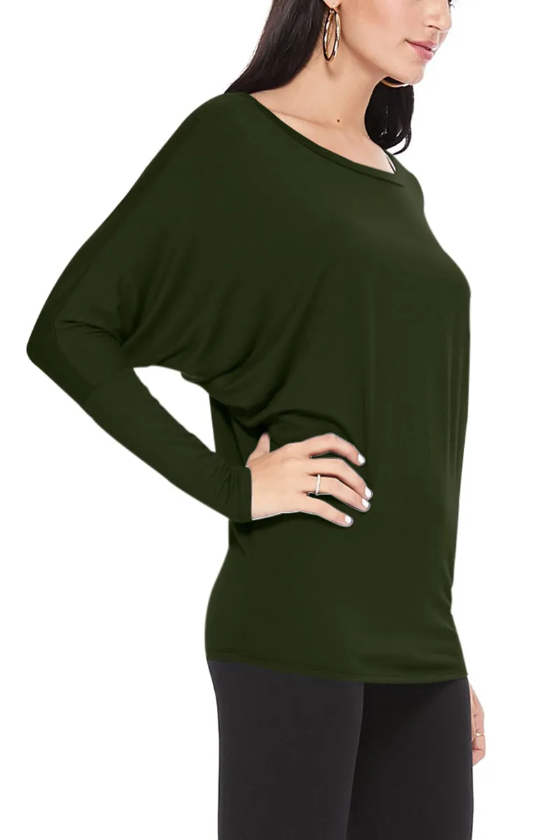 Women's Solid Long Sleeve Jersey Dolman Style Boat Neck Casual Tee Top S-3XL