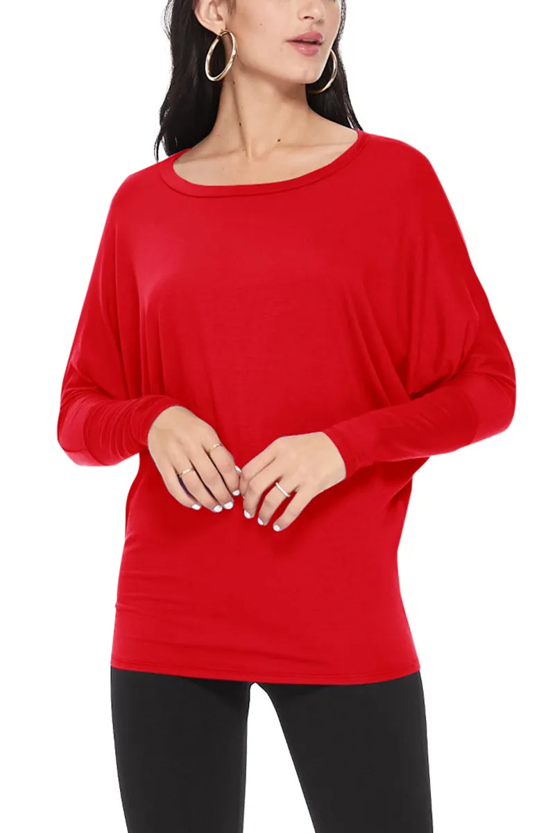 Women's Solid Long Sleeve Jersey Dolman Style Boat Neck Casual Tee Top S-3XL