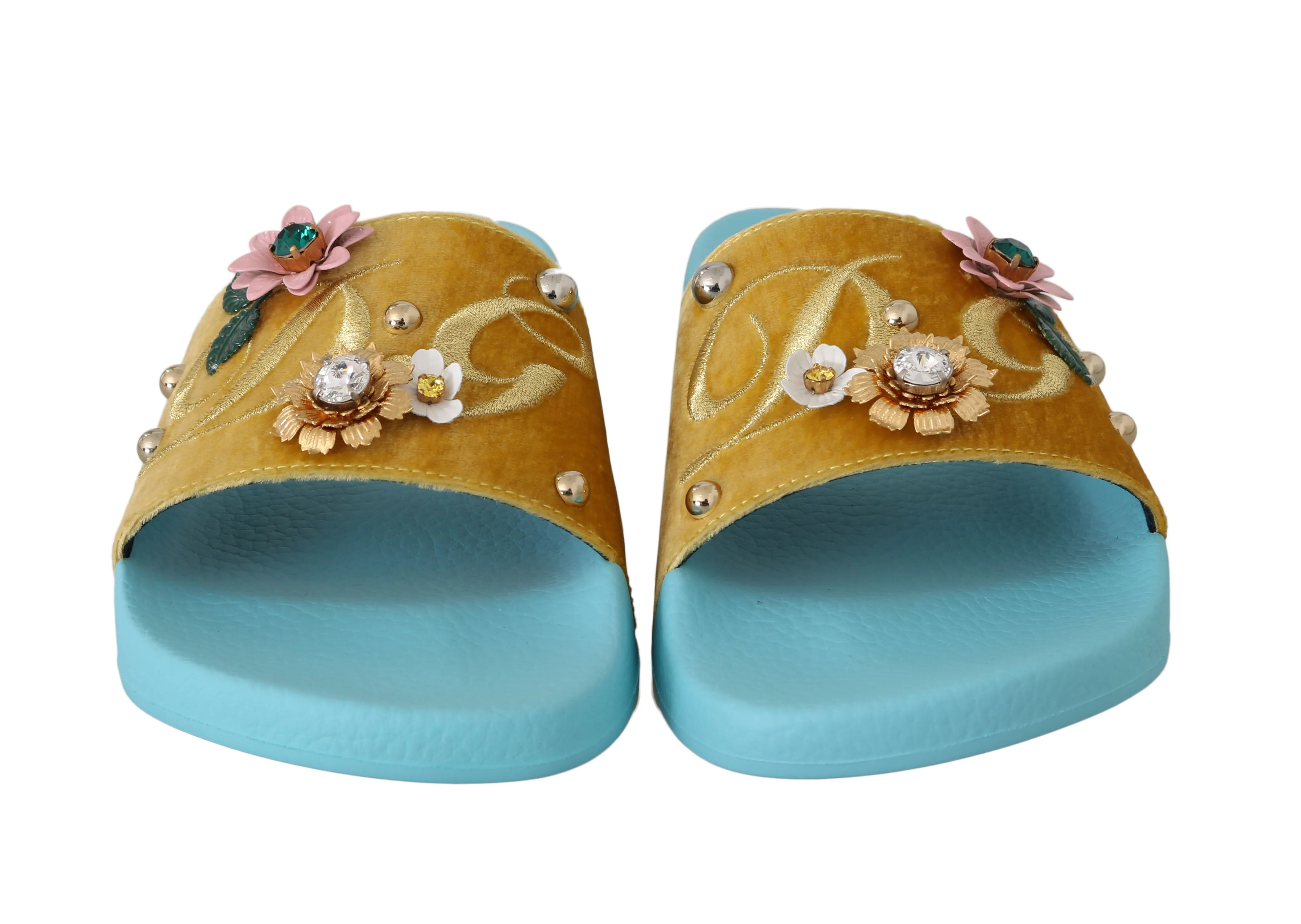 Yellow Velvet Crystal Beachwear Slides
