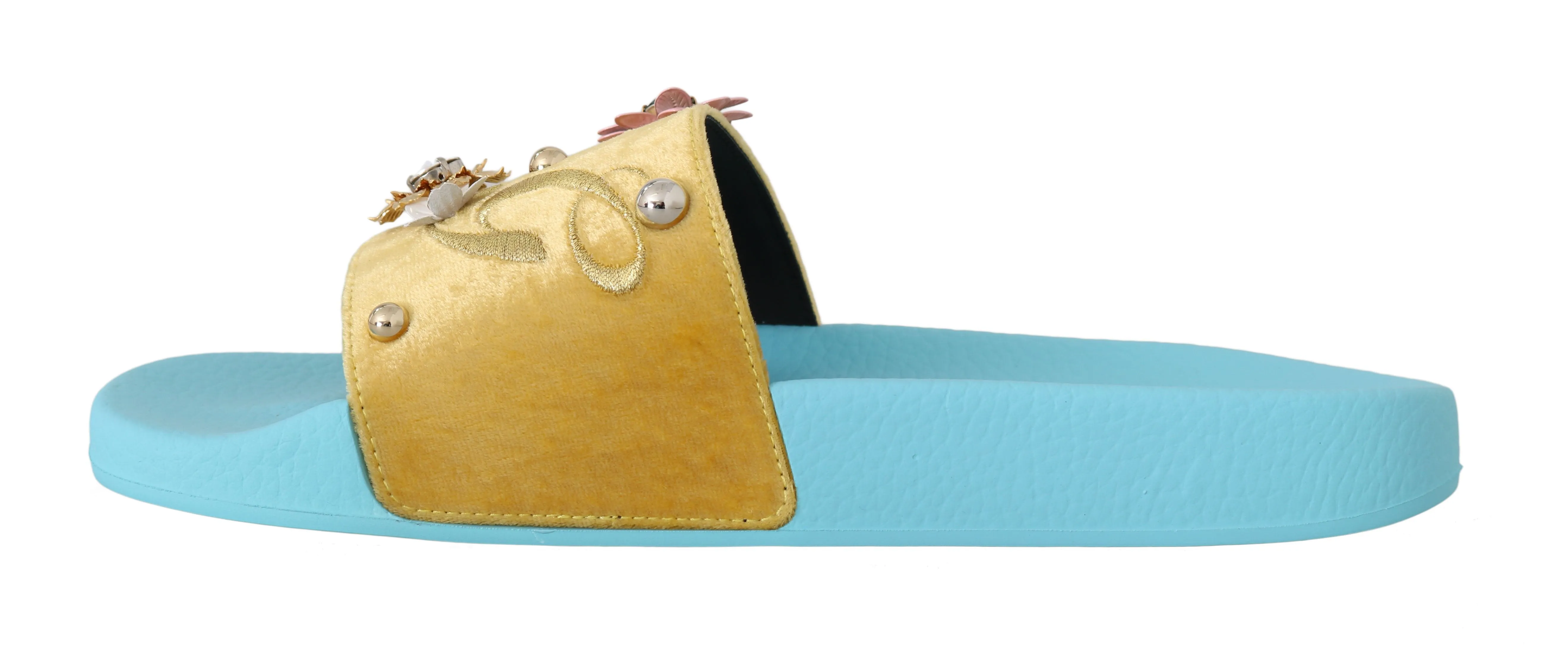 Yellow Velvet Crystal Beachwear Slides