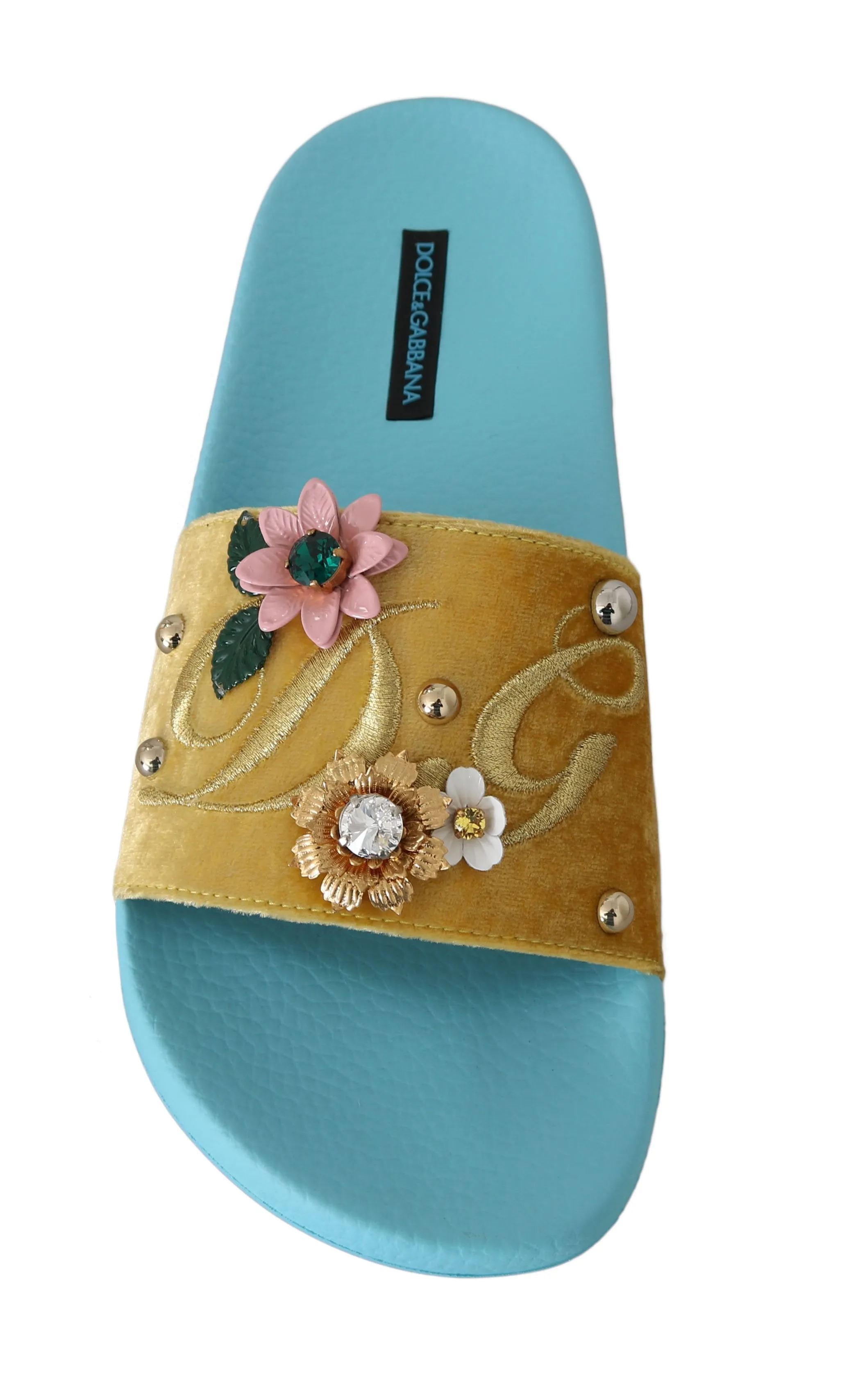 Yellow Velvet Crystal Beachwear Slides