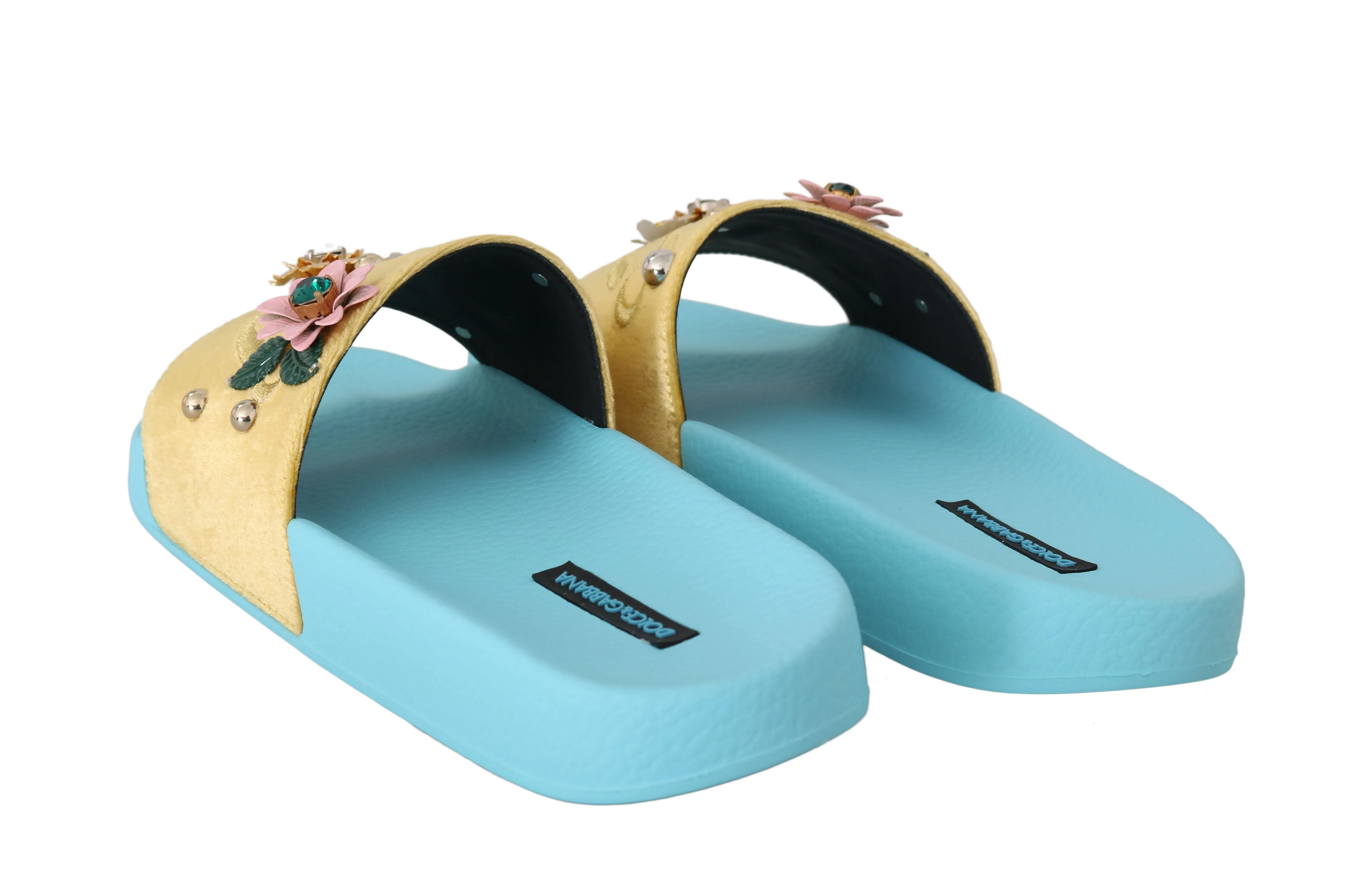 Yellow Velvet Crystal Beachwear Slides