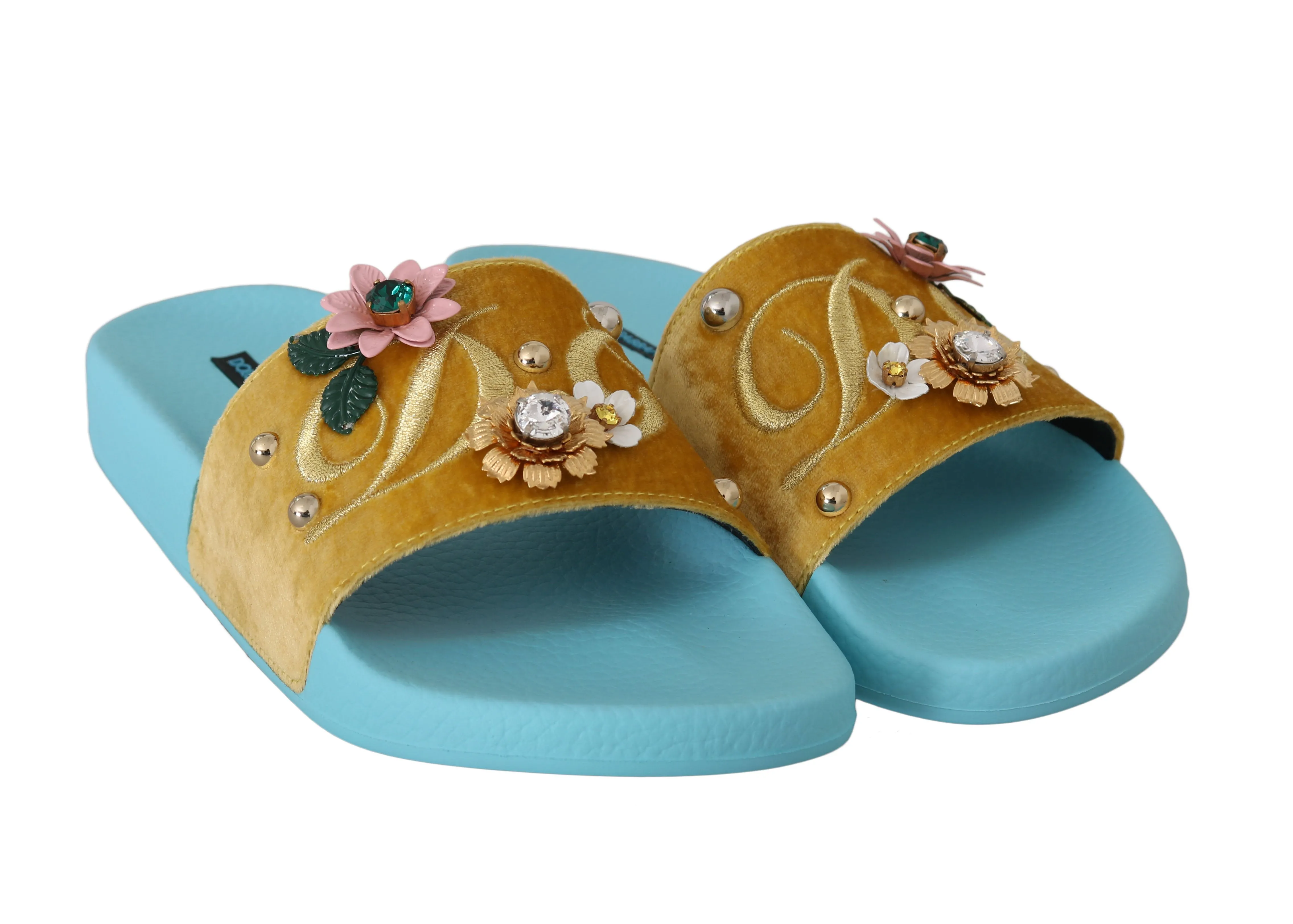 Yellow Velvet Crystal Beachwear Slides
